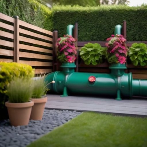 Газовая труба, украшенная зелеными растениями и цветами в саду.