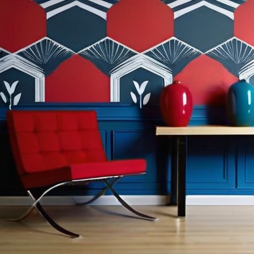 Стильный интерьер с разделенной стеной: одна сторона - текстурированные обои, другая - яркие виниловые обои, рядом инструменты для поклейки.