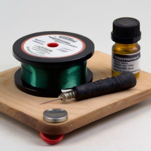 Чистый рабочий стол для пайки с инструментами, катушкой припоя и банкой с канифолью.