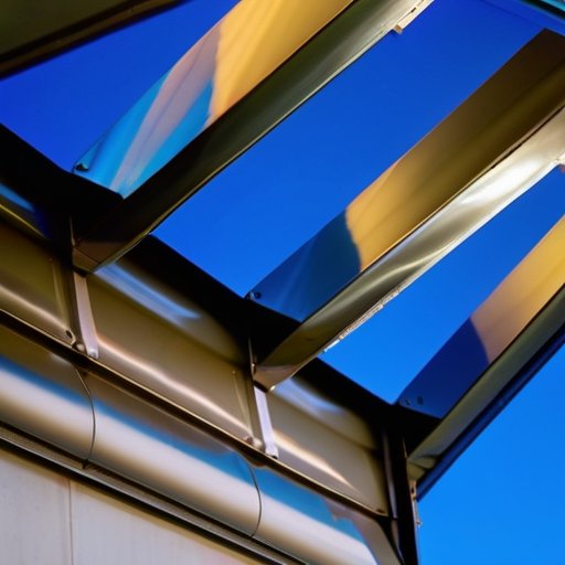 Современная металлическая крыша с блестящими швами на фоне ясного неба и ухоженного здания.