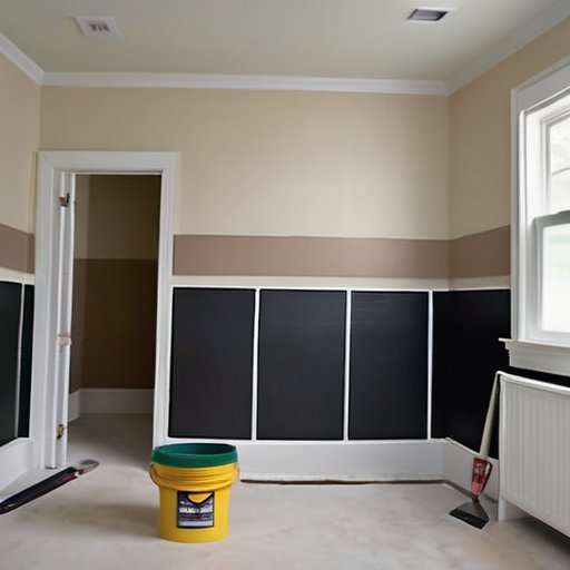 Строительная сцена: свежеподготовленные стены, нанесение грунтовки, инструменты для покраски, яркое освещение.