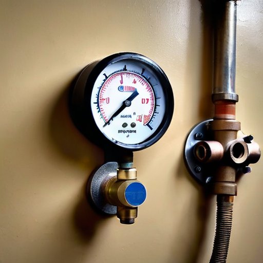 Регулятор давления газа на стене с манометрами и трубами, окруженный звуковыми волнами, инструменты для обслуживания рядом.