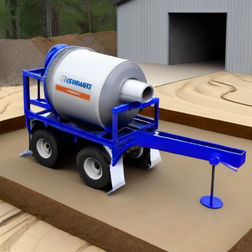 Строительная сцена с бетонной мешалкой, мешками цемента и песком, готовая площадка для наливного пола.