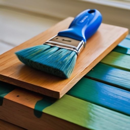 Красивая деревянная поверхность с яркой водоэмульсионной краской и инструментами для рисования.