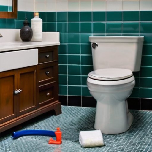 Инструменты сантехники на столешнице ванной: вантуз, чистящее средство и сантехническая змея.