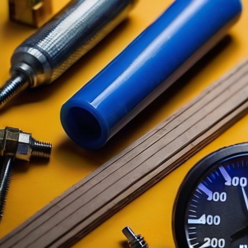 Рабочее пространство для строительства с тюбиками жидких гвоздей, секундомером и влагомером на фоне строительных материалов.