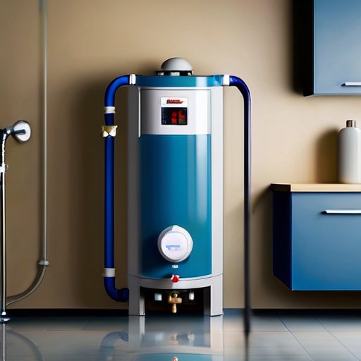 Современный водонагреватель с индикаторами проблем, набор для тестирования воды и инструменты для чистки в аккуратной utility room.