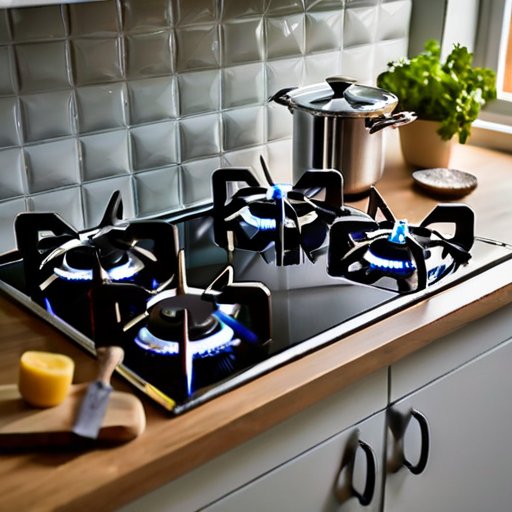 Чистая газовая плита в уютной кухне с инструментами для ухода.