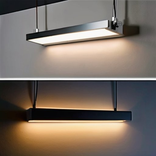 Современная светодиодная люстра с эффектом свечения на минималистичном фоне, инструменты для ремонта и чек-лист диагностики.