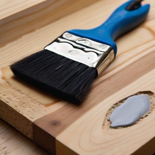 Близкий план деревянной поверхности с трещинами и материалами для заполнения, инструментами для подготовки к покраске.