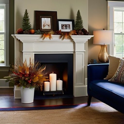 Элегантно оформленный каминный портал с фотографиями, искусством, растениями и уютным освещением.