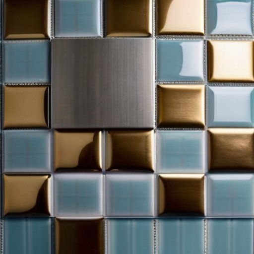 Чистая металлическая поверхность с аккуратно уложенной керамикой и инструментами для укладки плитки в организованном рабочем пространстве.