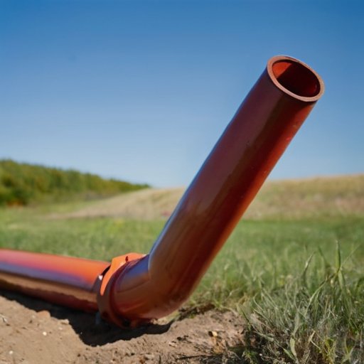 Ярко окрашенная газовая труба на фоне голубого неба, рядом кисть и банка краски на траве.