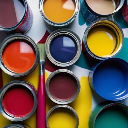 Организованное рабочее пространство с инструментами для покраски и цветными банками, на фоне стен с виниловыми обоями.