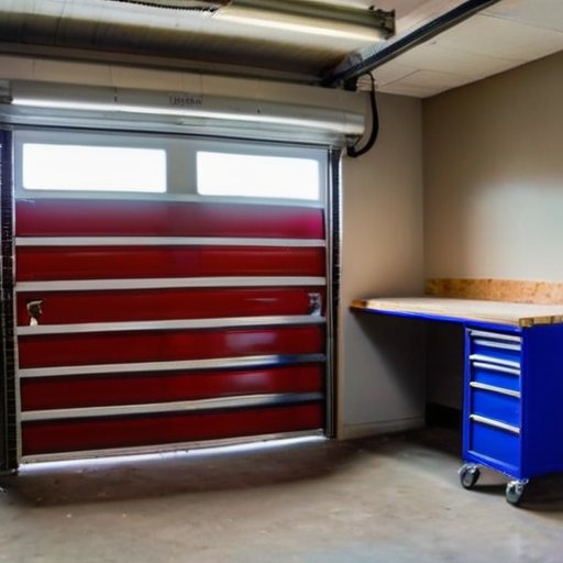 Интерьер гаража с металлической дверью, частично покрытой пеноплексом, инструментами на рабочем столе и уютным освещением.