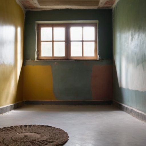 Свежезаштукатуренная стена в светлом помещении с открытыми окнами и вентилятором для сушки.