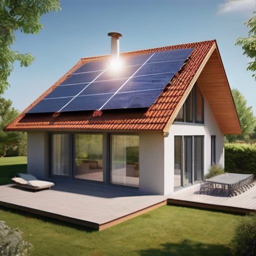 Уютный энергоэффективный дом с солнечными панелями и ветряной турбиной на фоне природы.