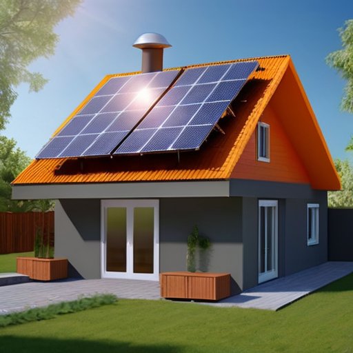 Современный энергоэффективный дом с солнечными панелями, LED-освещением и интерфейсом управления энергией.