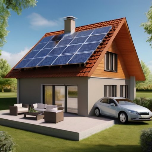 Уютный энергоэффективный дом с солнечными панелями и ветряными турбинами, показывающий разные сезоны.