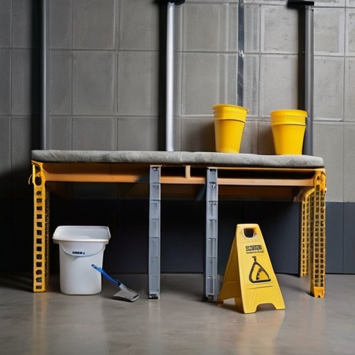 Организованное строительное пространство с аккуратно сложенными мешками цемента и инструментами для смешивания.