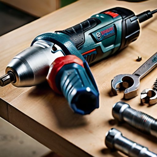 Беспроводная дрель Bosch на рабочем столе с инструментами и аккуратным хранением.