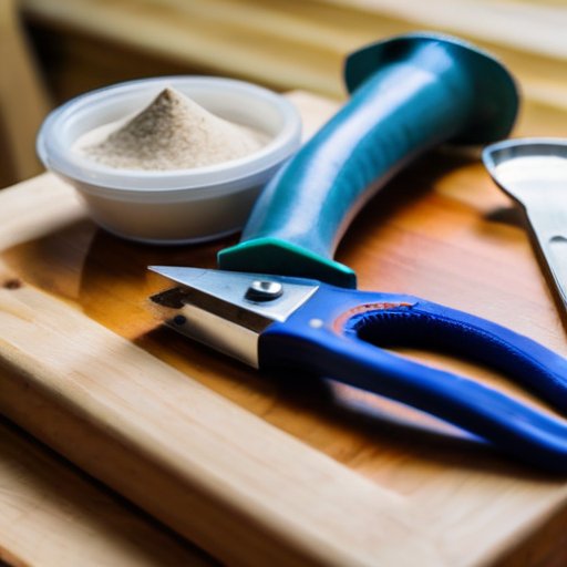 Рабочий процесс удаления обработки дерева на деревянной поверхности с инструментами и защитным оборудованием.