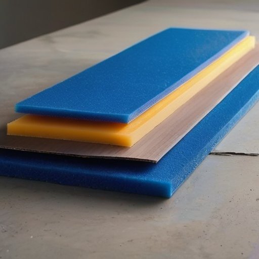 Аккуратно уложенные синие пенопластовые плиты на неровном бетонном полу с инструментами для установки.