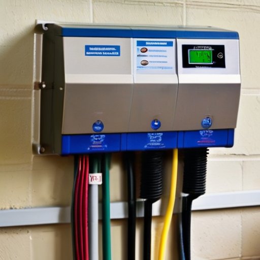 Современный стабилизатор напряжения на стене в аккуратномUtility room с инструментами и безопасными знаками.