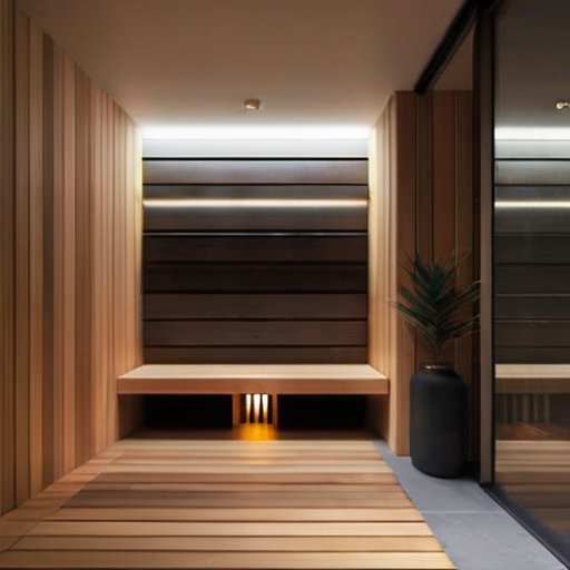 Современный вход в сауну с деревянной отделкой, вентиляцией и уютным освещением.
