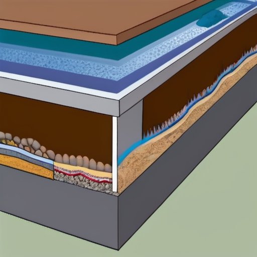 Схема с разрезом фундамента дома, показывающая слои: почва, геотекстиль, песчано-гравийная основа, бетон и декоративные элементы.