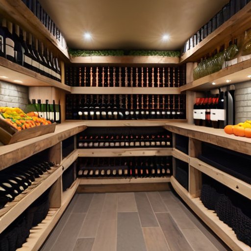 Упорядоченный подземный погреб с полками, банками с консервированными продуктами и ящиками с вином.