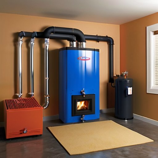 Современная установка твердотопливного котла в уютном подвале с инструментами и системой вентиляции.