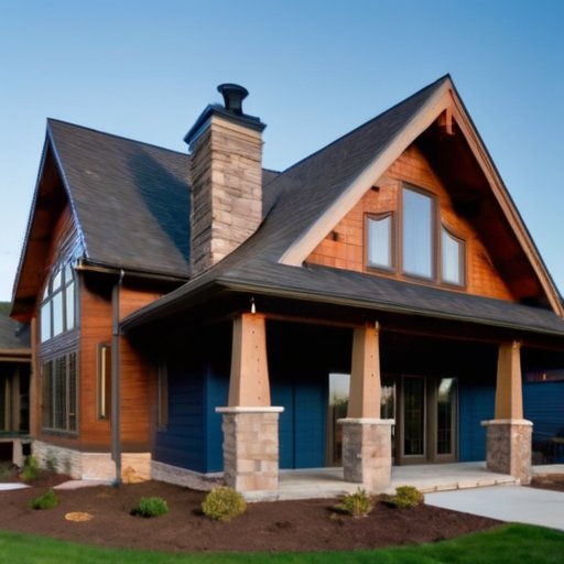 Дом с фронтальным фронтоном, отделанным разными материалами: деревянная черепица, металлические панели, виниловый сайдинг, композитные панели и натуральный камень на фоне ясного голубого неба