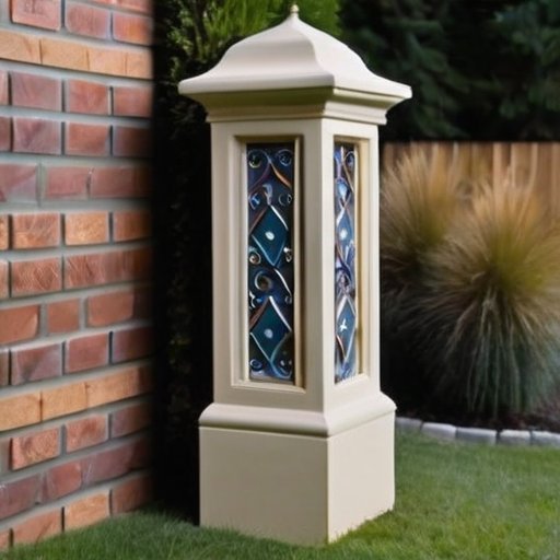 Кирпичный столб с декоративными отделками на фоне спокойного сада.