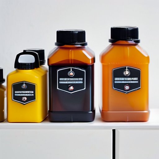 Разнообразные контейнеры для масла для смазки цепных пил на рабочем столе с инструментами.