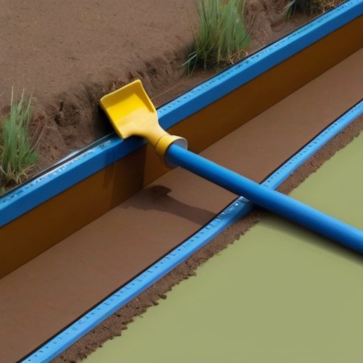 Свежевыкопанный trench для установки водоснабжения с аккуратными краями и инструментами рядом.