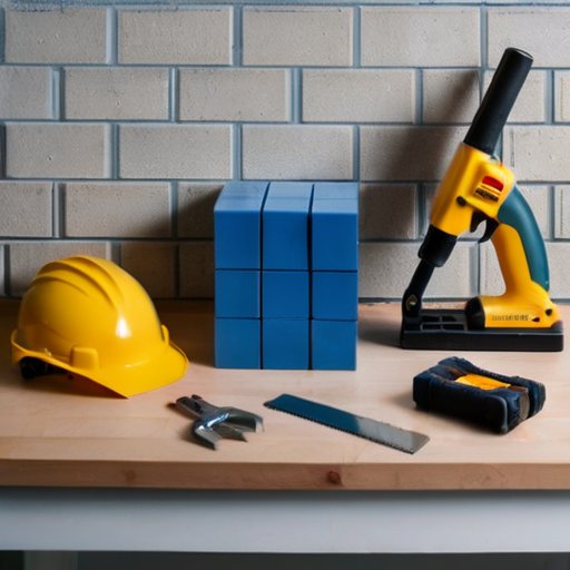 Чистое рабочее пространство с инструментами для резки газобетона: ручная пила, электролобзик и машина для резки стен на прочном верстаке. На фоне газобетонная стена