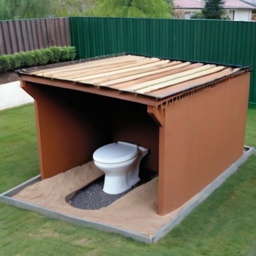 Участок для установки туалета на улице: ровная поверхность, деревянные опалубки, мешки с цементом и песком, инструменты для смешивания, дренажные каналы, чистая и организованная