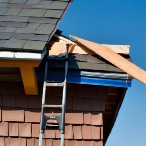 Крыша на ремонте с частично снятой черепицей, инструментами и новыми материалами.