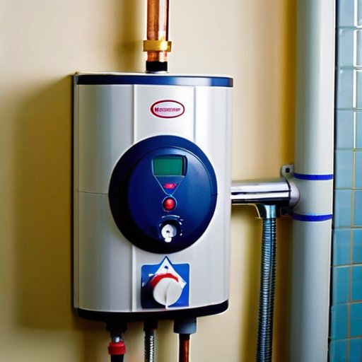 Современный электрический водонагреватель с открытой панелью доступа, установка нового ТЭНа, инструменты и средства безопасности.