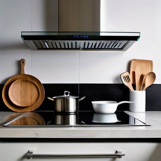 Современная кухня с стильной вытяжкой, иллюстрация воздушного потока и цифровым анемометром.