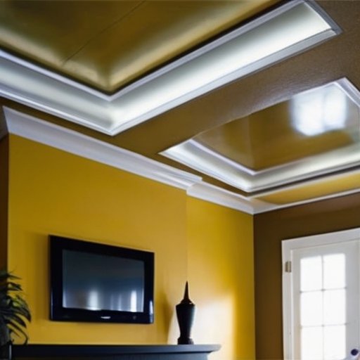 Современный натяжной потолок с небольшим провисом, инструменты для проверки и измерения, освещенная комната.