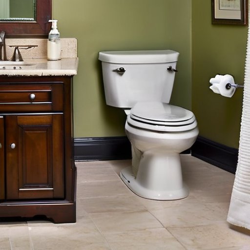 Чистая и ухоженная ванная комната с современным туалетом и средствами для уборки.