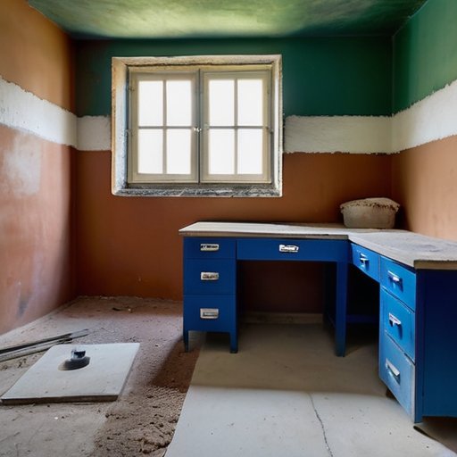 Ремонтируемая комната с свежим штукатурным покрытием, термометр, гигрометр, вентилятор и осушитель воздуха.