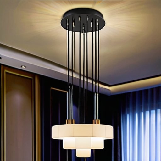 Современная LED люстра с видимыми электрическими компонентами в уютном домашнем интерьере.