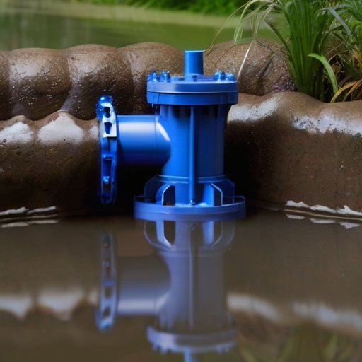 Промышленный дренажный насос на фоне грязной воды с характеристиками на блокноте.