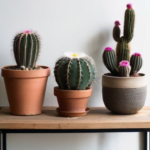 Уютное помещение с разнообразными кактусами на деревянном столе, освещенное солнечными лучами.