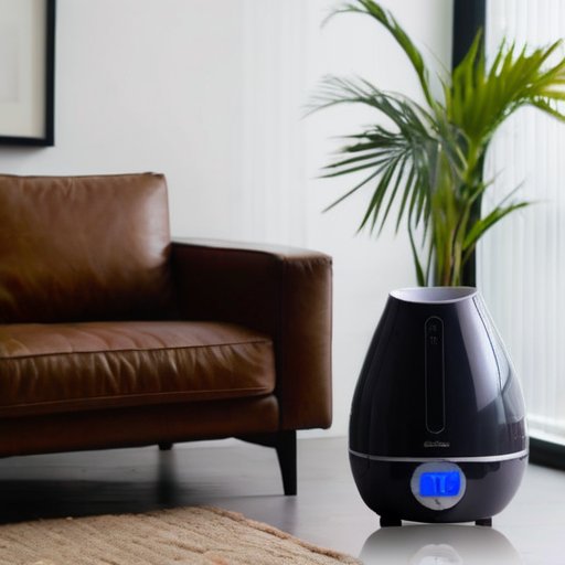 Современный увлажнитель в уютной гостиной, испускающий легкий туман, окруженный растениями и мягким светом.