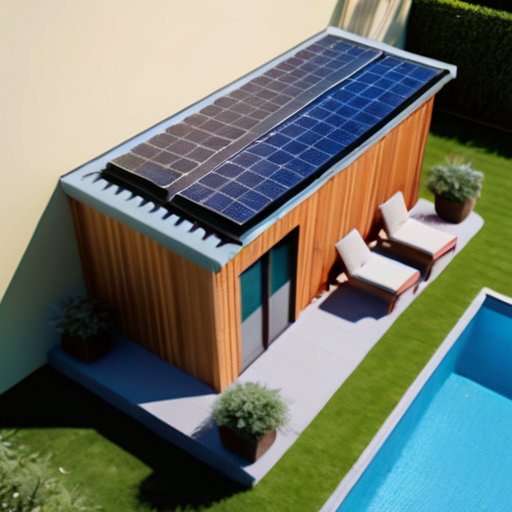 Открытый бассейн с солнечными панелями и тепловым насосом на фоне ясного неба и зелени.