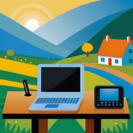 Современный интернет-роутер на деревянном столе в сельском пейзаже с уютным коттеджем, символизирующий связь технологий и деревенской жизни.